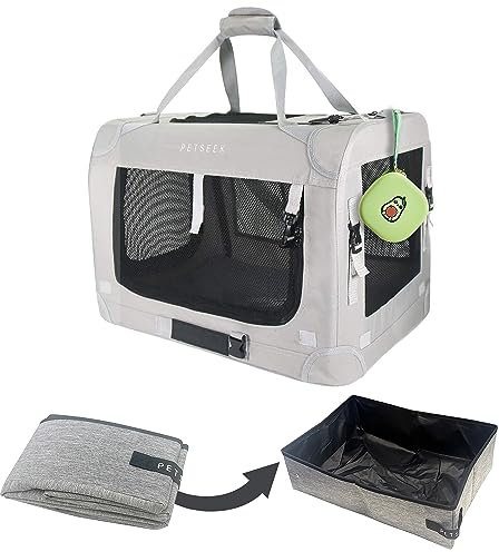 Petseek Extra Extra Large Cat Carrier Soft Sided, Portable Small Dog Carrier for 2 Cats, 24x16.5x16 Car Travel Folding Comfortable Design with Litter Box and Bowls, Grey+ Litter Box+ Bowl*2