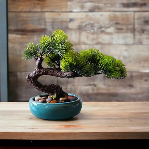 ZEN&TAO Realistic Look Lifelike Artificial Pine Bonsai Tree in Glazed Coating Ceramic Pot for Home Office Business Decoration (Green Pot)