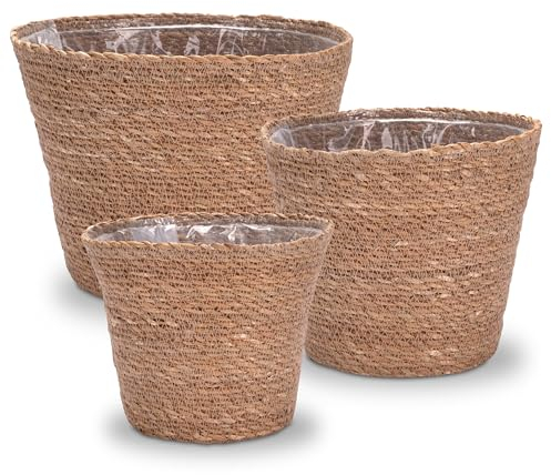 Decorasian Pflanzkorb – Übertopf geflochten – dekorativer Seegras Blumentopf mit Folieneinsatz im Boho Stil, 3er Set 20cm + 22cm + 25cm
