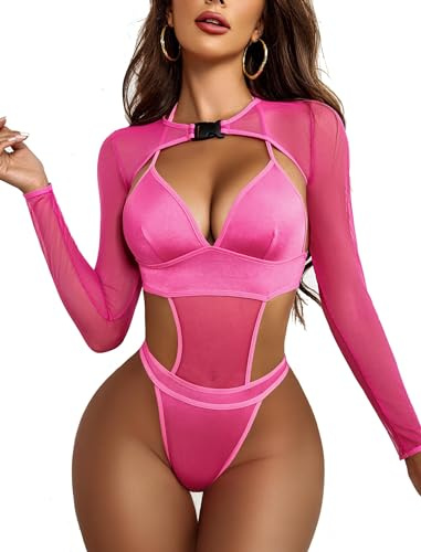 Avidlove Rave Trajes para Mujer Lencería Sexy Body Hebilla Encogiéndose de Hombros Crop Top Set Rosa roja M