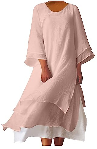 AMhomely Chinese Style Dresses for Women UK Cotton and Linen Dresses Elegant 3/4 Sleeve Tea Party Solid Crewneck Traditional Mandarin Collar Maxi Dress Floaty Holiday Pink XL