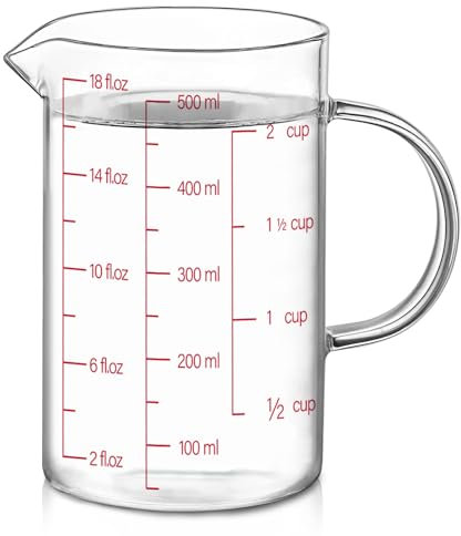 Luvan 500ml/2 Cup Glass Measuring Jug Easy to Read with 3 Scales (ml/oz/Cup), High Borosilicate Glass Liquid Measuring Cup with Handle and V-Shaped Spout for Baking, Freezer/Microwave Safe