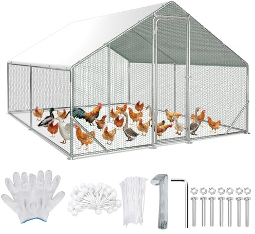 Ollewiellan Hühnerstall Freilaufgehege 3x4x2m Hühnergehege Verzinkter Stahl Hühnerhaus mit Tür & Riegel Geflügelstall für Hühner Kaninchen Gänse Tauben und Wachteln Metallgehege mit Netz