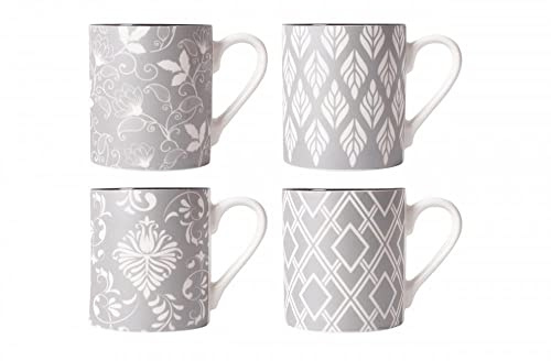 YöL Set Of 4 Porcelain New Bone China Mugs Coffee Tea Cup 17oz Grey White Floral Geometric Large Mixed Designs