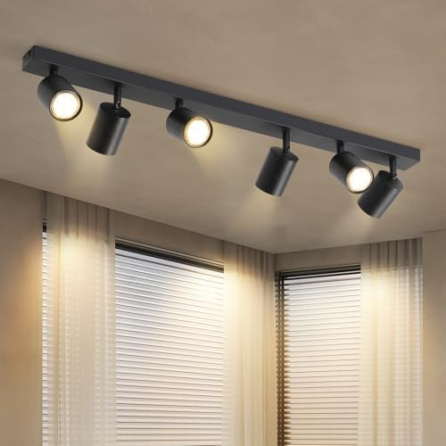 Homefire LED-taklampa med 6 orienterbara spotlights – 350° svängbar projektor, svart takspot GU10, korridorlampa, inomhusspotlight för vardagsrum, kök, sovrum utan lampa