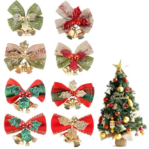 JVHLOV 8 fiocchi natalizi con campane, decorazioni per ghirlande natalizie, mini fiocchi per albero di Natale, ghirlande di Natale, campane, per decorazioni natalizie