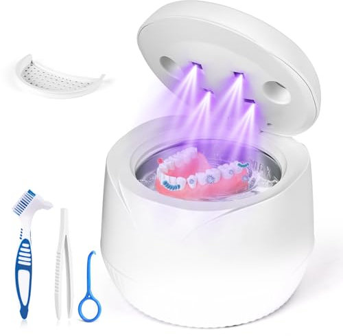 Nettoyeur Ultrasonique Dentaire avec UV, Vanakrr 45000Hz 25W Portable Pod Dentaire pour Gouttières, Prothèses, Attelles et Aligneurs - 4 Lampes UV-C, 200ml, Blanc