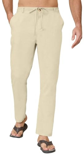 Yutdeng Pantalones Largos Verano Hombre Pantalón Lino Ligeros Casual Pantalon Verano Hombre Largo con Bolsillos Yoga Playa Algodon y Lino Pantalones Anchos Cintura Elástico con Cordón