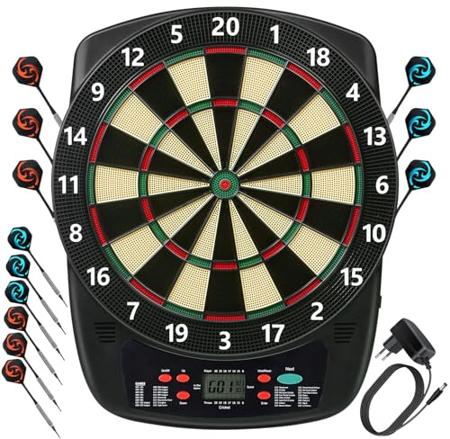 Dardos Dianas electrónica Profesional con 32 Juegos 590 Variantes, Pantalla LCD, 6 Dardos 50 Cabezas de dardo Adaptador de Corriente, Diana electrónica para casa, Fiestas, Bar, 1-8 Jugadores, Negro