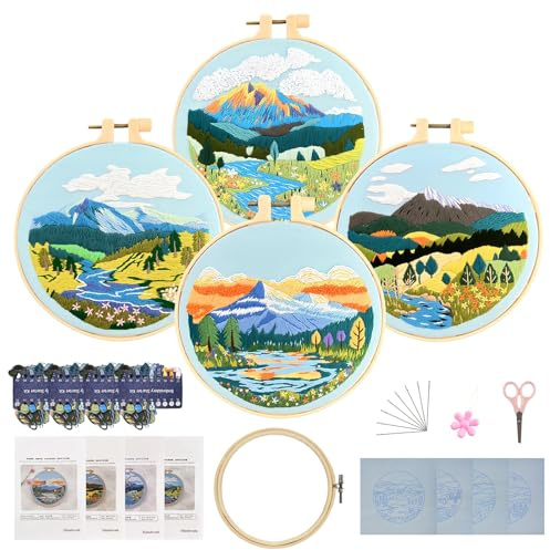 Joyeee Kit Ricamo Principianti, 4pcs Floreali Set Ricamo Embroidery Starter Kit con Telaio Ricamo Fili Cucito Attrezzi e Istruzioni, Artigianato Artistico Fai per Principianti, Adulti e Bambini