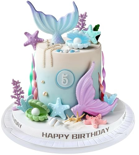 19PCS Mermaid Cake Derations, Mermaid Tail Cake Toppers with Seaweed Shells Starfish Coralal Cake Decorations for Under the Sea Party Theme Birthday Party Supplies (Blue Purple)