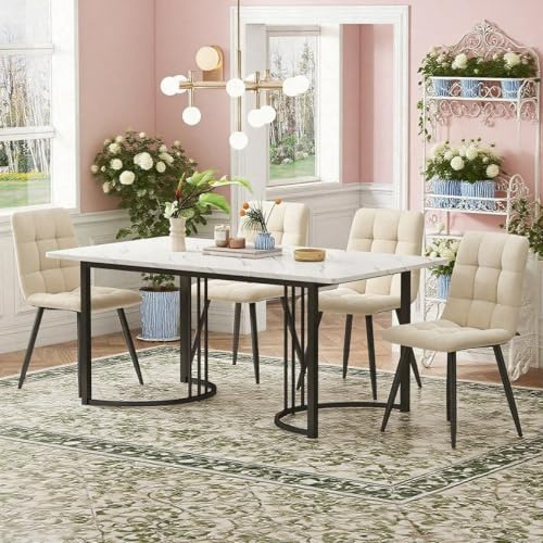 Sairedel Gruppo da pranzo (5-tlg), da pranzo con 4 sedie, da cucina moderno, da cucina 140 * 80cm con gambe in metallo nero, piano del n MDF in grigio, sedie beige per sala da pranzo (Bianco)