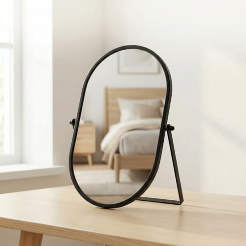 Vninkul Espejo Tocador de Mesa Giratorio de 360°,Espejo de Maquillaje Ovalado con Marco de Metal para Tocador, Sala de Estar y Dormitorio