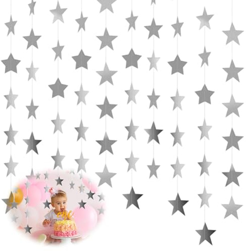Yuragim Ghirlanda di stelle argentate, 10 pezzi da 4 m, con stelle glitterate, ghirlanda di carta da appendere, ghirlanda di carta con riflesso, per Natale, compleanno, matrimonio, feste