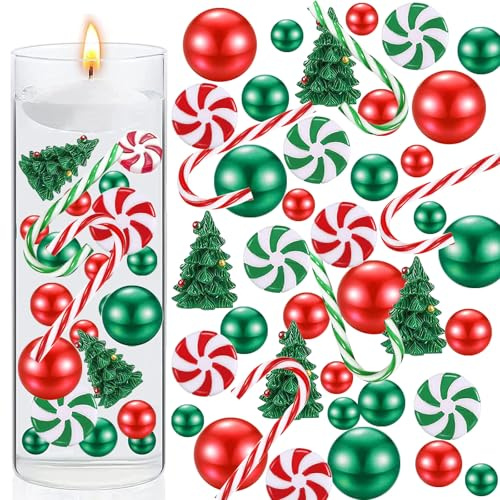 154Pcs Christmas Vase Filler Decor Set Green Red Candy Cane Floating Pearl Beads, Christmas Faux Pearls Ornaments for Vase Home Table Centerpiece Party Decoration