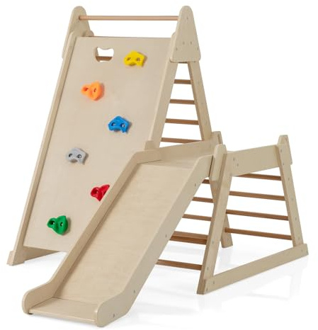 COSTWAY 3 in 1 Arrampicata per Bambini, Set Arrampicata Montessori in Legno con Scivolo, Rampa su Roccia e Scaletta, Parco Giochi Interno per Bambini 3+ Anni (Naturale)