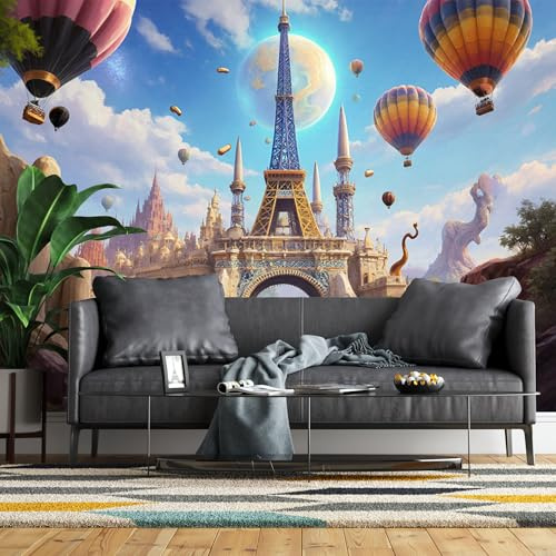 Custom Size Wall Mural,Fantasy Medieval Castle Eiffel Tower Hot Air Balloons Planet Snake Dinosaur Statue,Self-Adhesive Wall Fabric Removable Wallpaper for Home Office Decor
