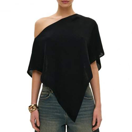 Anuedgis Women's Knit Off-Shoulder Poncho Shawl Asymmetrical Hem Lightweight Beach Cover-Up Top for Summer Casual & Music Festivals (Black, L)