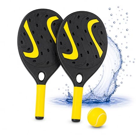 Palas de Playa Impermeables, Juego de Palas Ligeras y Resistentes al Agua y Arena, Set de 2 Palas con Pelota para Jugar en la Playa, Piscina o Camping, Diversión para Niños y Adultos (Negro-Amarillo)