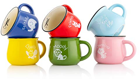 Mary's KITCHEN TOOLS 6er Tassenset | 350ml | Handgemachte | Keramiktassen | mit Tiermotiven | Familientassen & Kindertassen | für Kaffee & Tee | Bunt Retro Design (Mit Motiv)