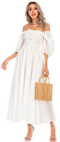 R.Vivimos Donne Abito Casual Bohémien Mezza Manica Scollo Quadrato Punto Floreale Vestito Lungo Midi Elegante da Spiaggia (White,XL)
