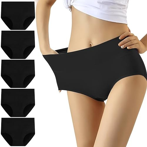 YouShow Culottes Femmes Coton Taille Haute Lot de 5 Slips Elasticité Ventre Plat(Noir,L)