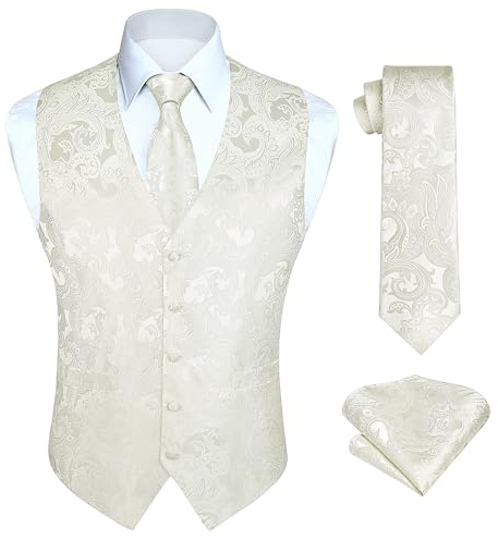 HISDERN Klassisk, blommig, paisleymönstrad jacquard-väst och slips för män, kostymväst med slip och fyrkantig ficka, XL