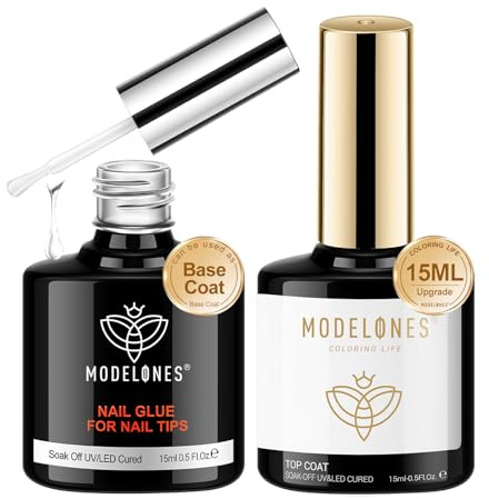 modelones Gel Nail Glue 9 in One Base Gel and No Wipe Top Coat Set 2Pcs for Gel Nail Polish Adhesive Nail Extension Gel Rhinestone Glue Nail Art LED Need 15ml