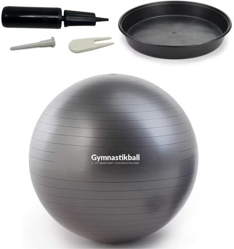 ATC Handels GmbH Gymnastikball Set Ø 45, 55, 65 & 75cm inkl. Stopperschale, Ballpumpe, Ventilöffner und Maßband - Fitness, Therapie und als Sitzball fürs Büro, 65cm, anthrazit
