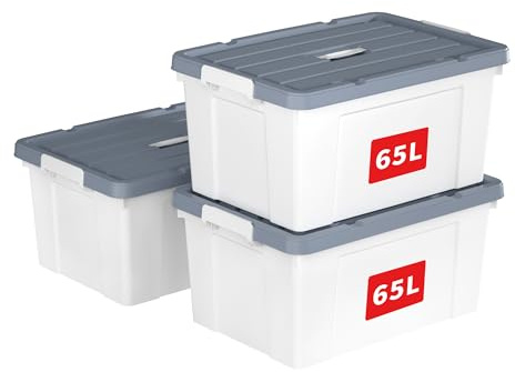 Cetomo 65L*3 Aufbewahrungsboxen, Tragbare Plastikboxen mit Deckeln, Organizer-Behälter mit Griff und Clips, Stapelbar, Ineinander Nestbar, für Zuhause und Büro, Weiß, 65L-3er Pack