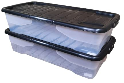 Samuel ALEXANDER 2 x 42L Clear Under Bed Storage Box with Black Lid, Stackable and Nestable Design Storage Solution