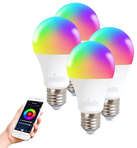 LED ATOMANT Pack 4x Bombilla LED Inteligente WiFi E27 8W RGB+CCT (Blanco Calido, Neutro y Frio), Regulable, Equivalente a 90W tradicional, Compatible con Alexa y Google Home
