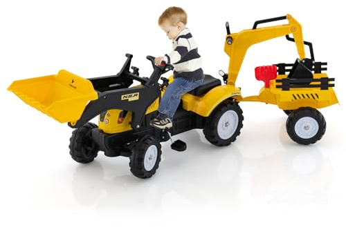 COSTWAY Tractor Pedales 3 en 1 para Niños, Topadora de Juguete con 6 Ruedas, Excavadora de Conducción con Pedales, Remolque de Carga Desmontable, Coche para Niños de 3 a 6 Años (Amarillo)