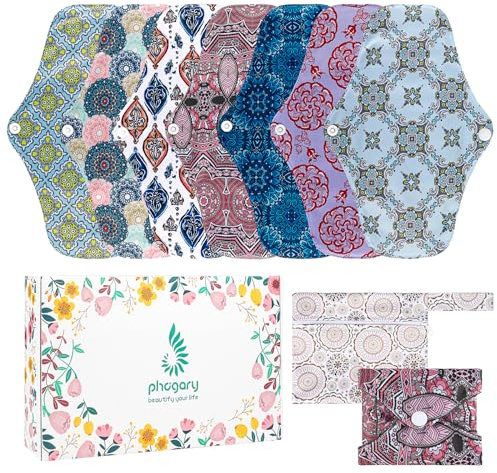 PHOGARY Reusable Menstrual Pads for Heavy Flow with Wet Bag, 7 Pieces Sanitary Pads Set with Wings for Women, Washable Overnight Cloth Panty Liners