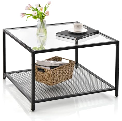 GOPLUS - Mesa baja de cristal templado con estantería, mesa baja con marco de metal resistente, mesa auxiliar de cristal para sofá, carga 50 + 20 kg, 70 x 70 x 45 cm (cristal transparente)