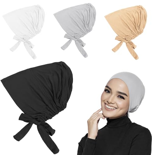 ZACUDA Frauen Undercap Hijab, 4 Stück Baumwolle Unterschal Mütze Muslimische Cap Mit Tie Back Closure (4 Farben)