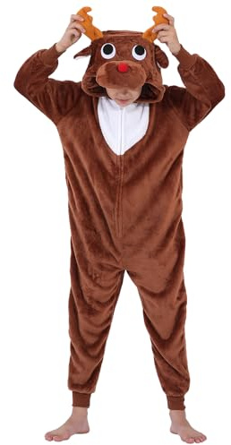 Halloween Christmas Unisex Kids Flannel Cosplay Onesie Costume Outfit Suit for Girls and Boys (Coffee Reindeer, 12 Years)