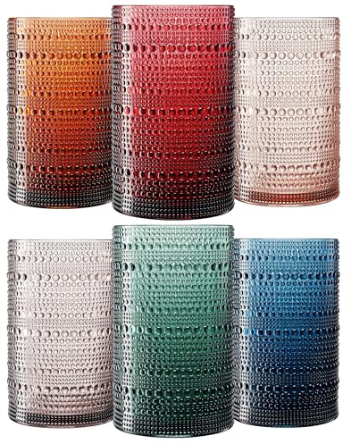 Khen Plastic Hobnail Drinking Highball Glasses Set of 6 Neutral Tones Cups 14oz, Shatterproof & Unbreakable Acrylic Beaded Design, BPA-Free, Dishwasher Safe Indoor/Outdoor Drinkware Water, Cocktails
