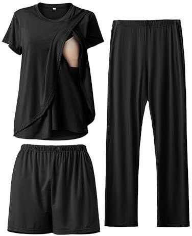 SUNNYBUY Ensemble de pyjama d'allaitement 3 pièces pour la période post-partum, décontracté, doux, pyjama de maternité, vêtements de nuit, vêtements de détente, couche de vêtements, Noir , L
