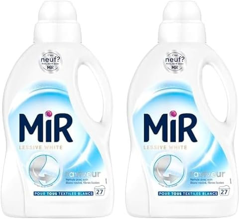 Mir - Lessive Liquide - Lessive White - Main & Machine - Raviveur - Formule Unique 3en1 - Blancs - Fibres - Fraîcheur - Nettoie avec Soin - Anti-Bouloche - Pour tous les Textiles Blancs - 27 Lavages