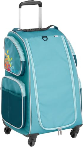 HABA Kinder-Schranktrolley Petrol mit 4 Rollen – Kinderkoffer aus recyceltem Polyester mit Schmutzwäschebeutel, 3 herausnehmbaren Böden und 4 Reißverschluss-Außentaschen – 2012724001
