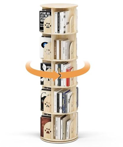 STYPLZ Bibliothèque rotative à 360° en bois massif, multifonctionnelle, avec 5 niveaux réglables, 46 x 46 x 160 cm, idéale pour les livres et la décoration