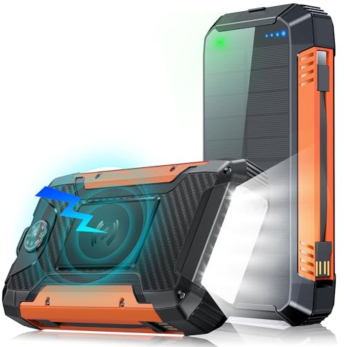 49800mAh Batterie Externe, Power Bank Solaire sans Fil avec Charge Rapide 30W PD, 3 Sorties, 2 Câbles Intégré, Lampe Torche, Chargeur Portable pour Camping, Randonnée, Téléphones et Tablettes
