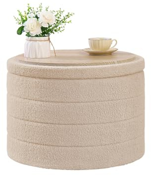 Bonlife Bänk med förvaringsutrymme, vikbar kista, förvaringslåda, fotstöd, blommor, 56 x 56 x 40 cm, vardagsrum och sovrum (beige, stor cirkel)