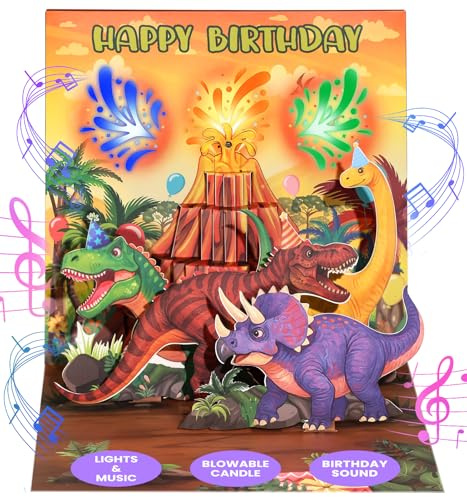 Coralogo Dinosaur Musical Pop Up Birthday Cards - Volcano Birthday Cards with Blowable Candle, DIY Age, Lights, Music, and Blank Note, Funny Gift for Boys Son Grandson Kids