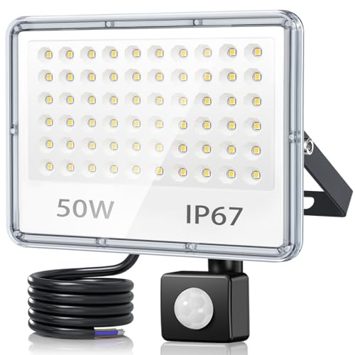 TASINUO 50W Security Lights Outdoor Motion Sensor,5000LM PIR LED Floodlight | IP67 Waterproof PIR Sensor Security Light, 6500K Cool White LED Floodlight Outdoor for Garden, Garage, Patio, Yard