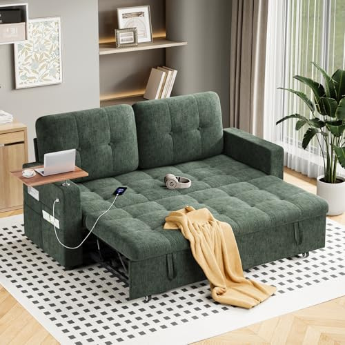 Jooli H Sofa Bed Double, 3-in-1 Convertible Fabric Pull Out 2 Seater Sofa with Swivel Removable Side Table, 5-Position Adjustable Backrest, Side Pockets and USB for Living Room, Guest Room, Green