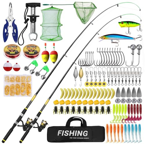 Kinderangel Set Komplett mit 2,1m & 1,8m Teleskop Angelruten mit Rolle und Köder Set, Angelset für Geeignet für Kinder ab 3 Jahren, Kinderangel Starter Set für Anfänger, Angelzubehör in Tragetasche
