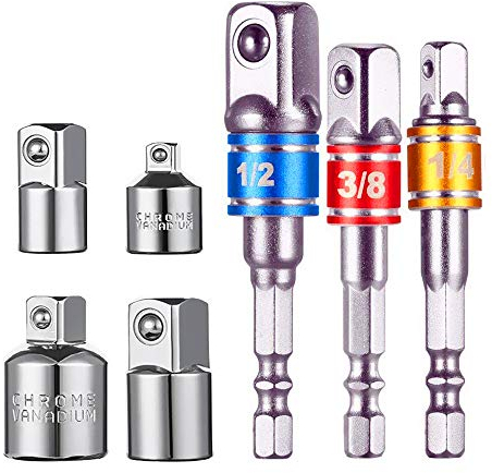Newder Adaptador para Llave de Carraca, Juego de 4 Pzas Adaptadores de 1/4, 3/8, 1/2 +Set con 3 Pzas de Color Aluminio adaptadores 1/4 hex-1/4-3/8 1/2 Llave de Vaso