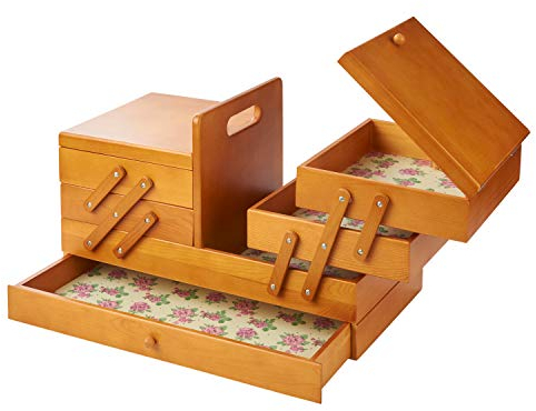 Sewing Online Freischwinger-Aufbewahrungsbox aus Holz 45 x 23,5 x 28 cm, gebeiztes Holz mit Rosenknospen-Design-Interieur